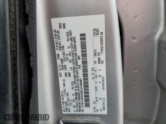 2014 Ford Escape SE with VIN 1FMCU9GX8EUC48467, listed as a Copart auction lot 57269155 with 148,611 mi miles and Salvage title. Bid and sale history available at DreamBid. Image 13.