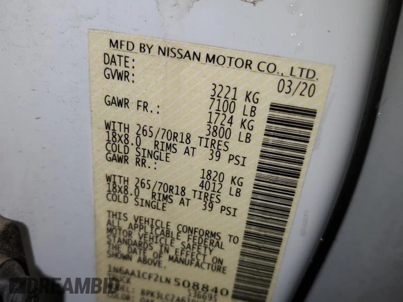 2020 Nissan Titan with VIN 1N6AA1CF2LN508840, listed as a Copart auction lot 75797304 with 99,834 mi miles and Salvage title. Bid and sale history available at DreamBid. Image 12.