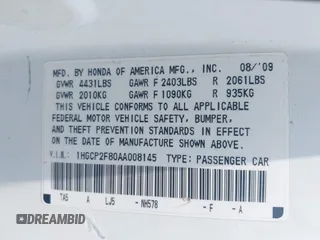 2010 Honda Accord EX-L z VIN 1HGCP2F80AA008145, wystawiony jako IAAI lot #42436858 z przebiegiem 162 739 mil mil oraz . Historia ofert i sprzedaży dostępna na DreamBid. Obrazek 9.