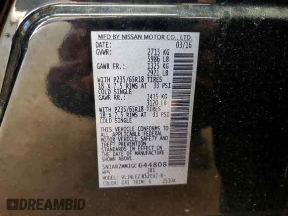 2016 Nissan Pathfinder SV z VIN 5N1AR2MM1GC644808, wystawiony jako Copart lot #56717085 z przebiegiem Nie podano mil oraz Szkoda całkowita • Salvage title. Historia ofert i sprzedaży dostępna na DreamBid. Obrazek 13.