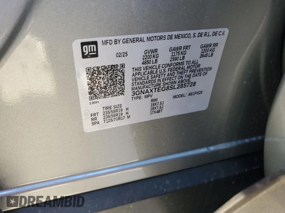 2025 Chevrolet Equinox AWD RS with VIN 3GNAXTEG8SL285728, listed as a Copart auction lot 51778115 with Not provided miles and Salvage title. Bid and sale history available at DreamBid. Image 13.