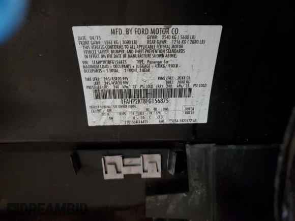 2015 Ford Taurus SHO with VIN 1FAHP2KT8FG156875, listed as a Copart auction lot 49817945 with 105,508 mi miles and Clean Title. Bid and sale history available at DreamBid. Image 13.