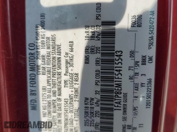 2015 Ford Mustang V6 z VIN 1FATP8EM1F5415543, wystawiony jako Copart lot #59265635 z przebiegiem 217 761 mil mil oraz Szkoda całkowita • Salvage title. Historia ofert i sprzedaży dostępna na DreamBid. Obrazek 12.