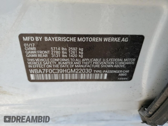 2017 BMW 7 Series 750i with VIN WBA7F0C39HGM22030, listed as a Copart auction lot 87127484 with 110,634 mi miles and Salvage title. Bid and sale history available at DreamBid. Image 12.