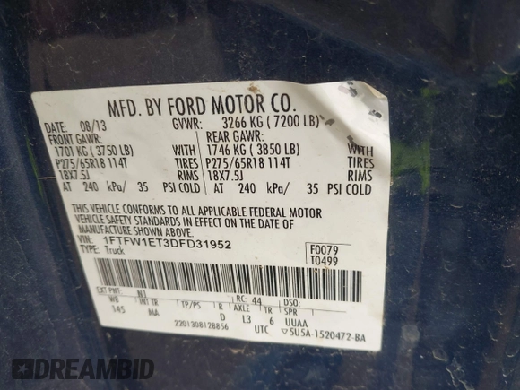 2013 Ford F-150 XL with VIN 1FTFW1ET3DFD31952, listed as a IAAI auction lot 41940875 with 152,723 mi miles. Bid and sale history available at carsss.com. Image 9.