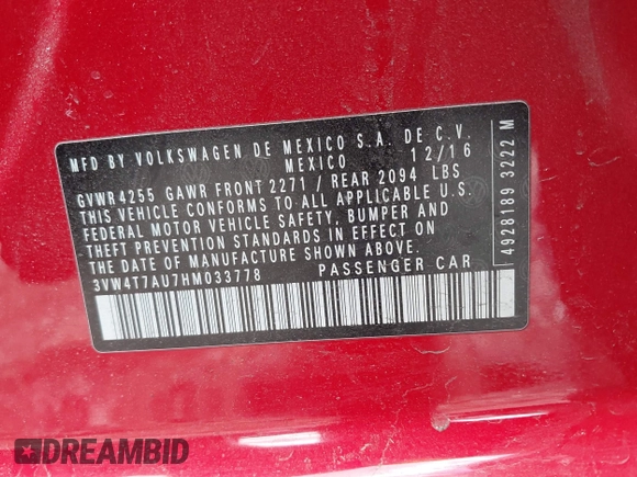 2017 Volkswagen GTI S z VIN 3VW4T7AU7HM033778, wystawiony jako IAAI lot #42059426 z przebiegiem 70 115 mil mil oraz . Historia ofert i sprzedaży dostępna na DreamBid. Obrazek 9.