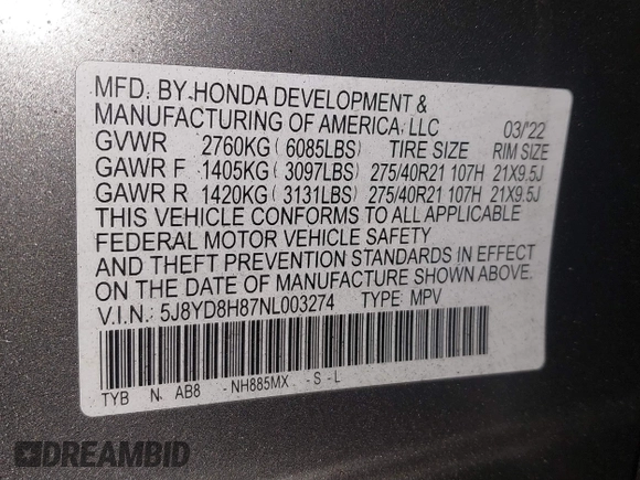 2022 Acura MDX Type S w/Advance Package with VIN 5J8YD8H87NL003274, listed as a IAAI auction lot 41386114 with 13,140 mi miles. Bid and sale history available at carsss.com. Image 9.