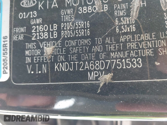2013 Kia Soul + with VIN KNDJT2A68D7751533, listed as a IAAI auction lot 41995980 with 187,388 mi miles and . Bid and sale history available at DreamBid. Image 9.
