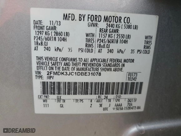 2013 Ford Edge SEL with VIN 2FMDK3JC1DBE31078, listed as a Copart auction lot 74811844 with 184,840 mi miles and Salvage Title. Bid and sale history available at carsss.com. Image 12.