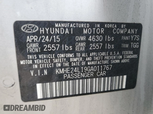2016 Hyundai Sonata SE with VIN KMHE24L19GA011767, listed as a Copart auction lot 40959384 with Not Provided miles and . Bid and sale history available at DreamBid. Image 13.