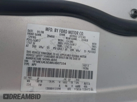 2008 Ford Explorer XLT with VIN 1FMEU63E88UB07334, listed as a IAAI auction lot 42287061 with 190,978 mi miles and . Bid and sale history available at DreamBid. Image 9.