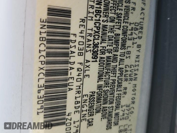 2012 Nissan Versa S with VIN 3N1BC1CPXCL363091, listed as a Copart auction lot 49918955 with 115,348 mi miles and Salvage Title. Bid and sale history available at carsss.com. Image 12.