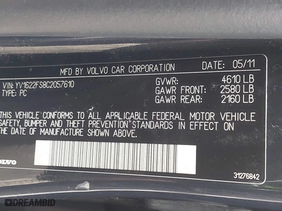 2012 Volvo S60 T5 with VIN YV1622FS8C2057610, listed as a IAAI auction lot 42017112 with 196,984 mi miles. Bid and sale history available at carsss.com. Image 9.