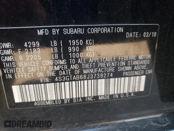 2018 Subaru Impreza Premium with VIN 4S3GTAB68J3739274, listed as a Copart auction lot 62193185 with 58,518 mi miles and Salvage title. Bid and sale history available at DreamBid. Image 12.