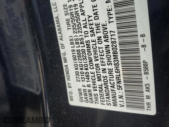 2021 Honda Odyssey Touring with VIN 5FNRL6H83MB028717, listed as a Copart auction lot 49236485 with 63,576 mi miles and Salvage Title. Bid and sale history available at carsss.com. Image 13.