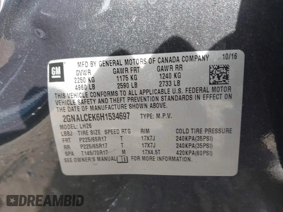 2017 Chevrolet Equinox LT with VIN 2GNALCEK6H1534697, listed as a IAAI auction lot 42091091 with 68,850 mi miles and . Bid and sale history available at DreamBid. Image 9.