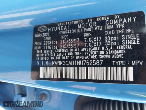 2022 Hyundai Kona SEL with VIN KM8K3CAB1NU762587, listed as a IAAI auction lot 38428363 with 60,115 mi miles and . Bid and sale history available at DreamBid. Image 9.