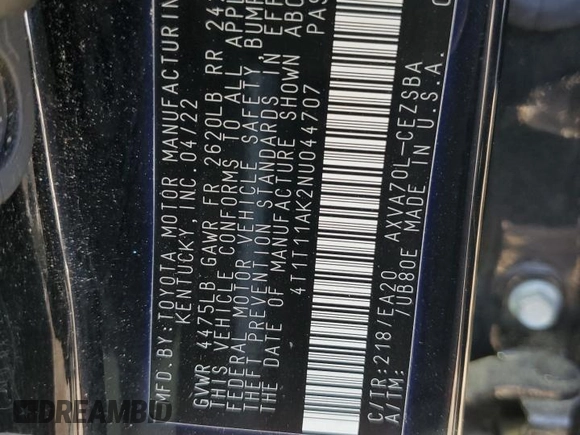 2022 Toyota Camry SE with VIN 4T1T11AK2NU044707, listed as a Copart auction lot 76313164 with 21,938 mi miles and Salvage Title. Bid and sale history available at DreamBid. Image 12.