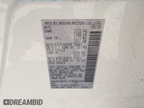 2020 Nissan Pathfinder SV with VIN 5N1DR2BN0LC580649, listed as a IAAI auction lot 42805567 with 107,896 mi miles and . Bid and sale history available at DreamBid. Image 9.