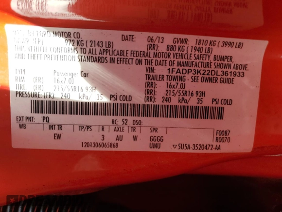 2013 Ford Focus SE with VIN 1FADP3K22DL361933, listed as a Copart auction lot 50592095 with 143,762 mi miles and Salvage Title. Bid and sale history available at carsss.com. Image 13.