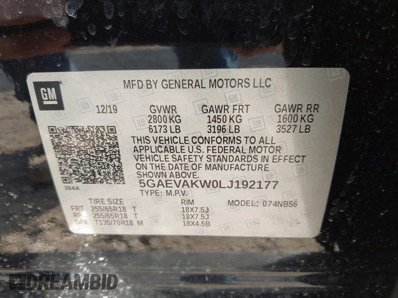 2020 Buick Enclave Essence with VIN 5GAEVAKW0LJ192177, listed as a IAAI auction lot 42126623 with 72,450 mi miles. Bid and sale history available at carsss.com. Image 9.
