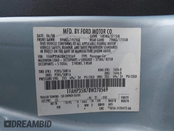 2008 Ford Focus SE with VIN 1FAHP35N78W270569, listed as a IAAI auction lot 38518647 with 173,674 mi miles. Bid and sale history available at carsss.com. Image 9.