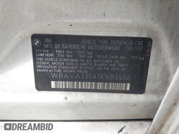 2007 BMW 3 Series 328i with VIN WBAVA33547KX83556, listed as a IAAI auction lot 42302137 with 108,686 mi miles and . Bid and sale history available at DreamBid. Image 9.
