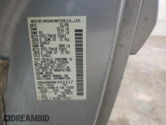 2006 Nissan Titan XE with VIN 1N6AA06B96N543317, listed as a Copart auction lot 55826275 with 236,264 mi miles and Salvage title. Bid and sale history available at DreamBid. Image 12.