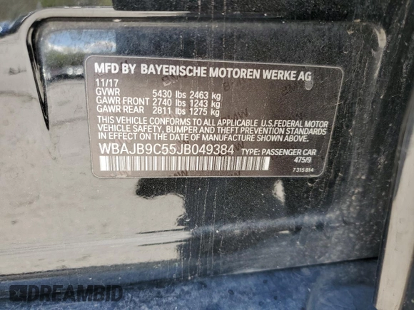2018 BMW 5 Series M550i xDrive with VIN WBAJB9C55JB049384, listed as a Copart auction lot 54934435 with 79,061 mi miles and Non Repairable. Bid and sale history available at DreamBid. Image 12.