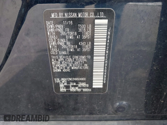 2017 Nissan Armada SV with VIN JN8AY2NC2H9504900, listed as a IAAI auction lot 42069976 with 151,936 mi miles and . Bid and sale history available at DreamBid. Image 9.