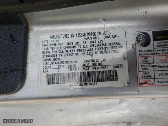 2010 Nissan 370Z with VIN JN1AZ4EH0AM506392, listed as a Copart auction lot 47778915 with 162,622 mi miles and Salvage Title. Bid and sale history available at carsss.com. Image 14.