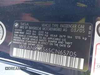 2005 BMW 5 Series 545i with VIN WBANB33565CN65705, listed as a IAAI auction lot 41681847 with 112,159 mi miles and . Bid and sale history available at carsss.com. Image 9.