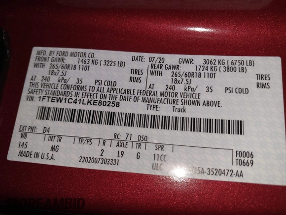 2020 Ford F-150 XL with VIN 1FTEW1C41LKE80258, listed as a IAAI auction lot 42703768 with 64,213 mi miles and . Bid and sale history available at DreamBid. Image 9.