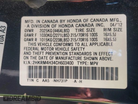 2012 Honda CR-V LX with VIN 2HKRM4H34CH603400, listed as a IAAI auction lot 42230733 with 142,571 mi miles and . Bid and sale history available at DreamBid. Image 9.