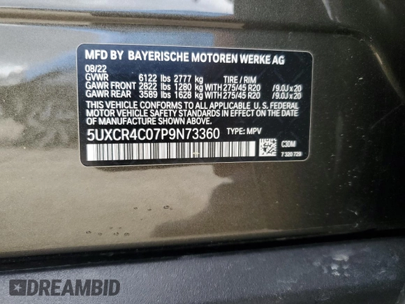 2023 BMW X5 sDrive40i with VIN 5UXCR4C07P9N73360, listed as a Copart auction lot 51128055 with Not provided miles and Salvage title. Bid and sale history available at DreamBid. Image 12.