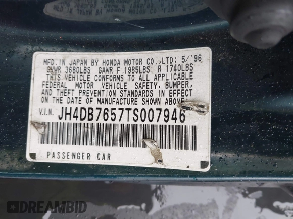 1996 Acura Integra LS with VIN JH4DB7657TS007946, listed as a IAAI auction lot 41524115 with 247,409 mi miles and . Bid and sale history available at DreamBid. Image 9.