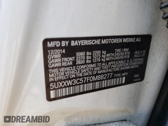 2015 BMW X4 xDrive28i with VIN 5UXXW3C57F0M88277, listed as a Copart auction lot 61388634 with 110,962 mi miles and Salvage title. Bid and sale history available at DreamBid. Image 12.
