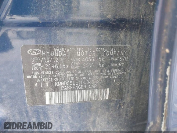 2013 Hyundai Elantra with VIN KMHD35LE1DU049487, listed as a IAAI auction lot 41447737 with 148,231 mi miles and . Bid and sale history available at DreamBid. Image 9.