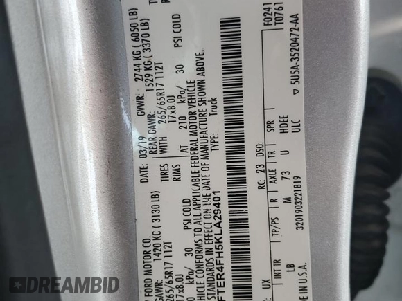 2019 Ford Ranger XL with VIN 1FTER4FH5KLA29401, listed as a Copart auction lot 49282355 with 98,143 mi miles and Salvage Title. Bid and sale history available at DreamBid. Image 12.