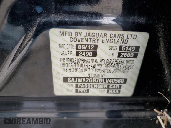 2013 Jaguar XJ with VIN SAJWA2GB7DLV40560, listed as a Copart auction lot 78228114 with 110,750 mi miles and Salvage Title. Bid and sale history available at carsss.com. Image 12.