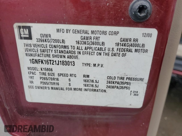 2001 Chevrolet Suburban LS z VIN 1GNFK16T21J183013, wystawiony jako Copart lot #57349135 z przebiegiem 91 139 mil mil oraz Szkoda całkowita • Salvage title. Historia ofert i sprzedaży dostępna na DreamBid. Obrazek 13.
