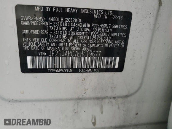 2014 Subaru Forester Touring with VIN JF2SJAPC7EH419677, listed as a Copart auction lot 59810655 with 174,697 mi miles and Salvage title. Bid and sale history available at DreamBid. Image 13.