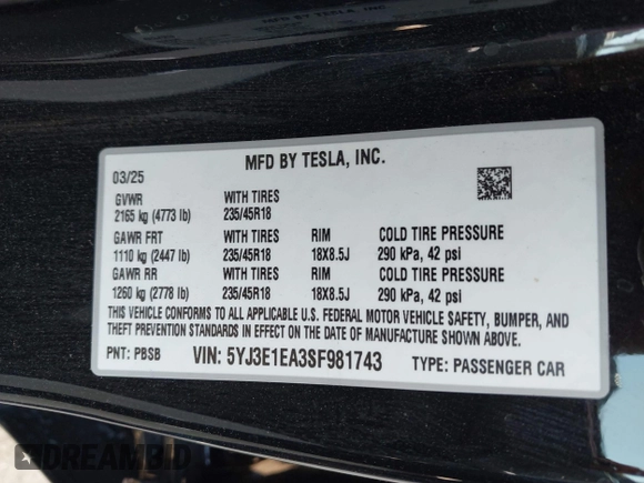 2025 Tesla Model 3 Long Range z VIN 5YJ3E1EA3SF981743, wystawiony jako IAAI lot #42352588 z przebiegiem Nie podano mil oraz . Historia ofert i sprzedaży dostępna na DreamBid. Obrazek 9.