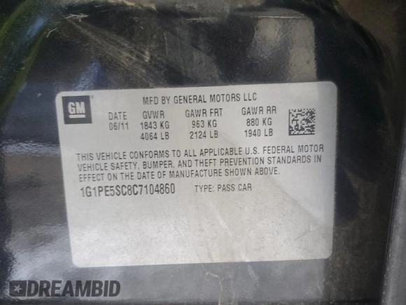 2012 Chevrolet Cruze 1FL with VIN 1G1PE5SC8C7104860, listed as a Copart auction lot 45136715 with 148,300 mi miles and Salvage Title. Bid and sale history available at DreamBid. Image 12.