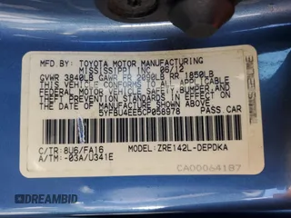 2012 Toyota Corolla L with VIN 5YFBU4EE5CP058978, listed as a Copart auction lot 48637365 with 129,295 mi miles and Clean Title. Bid and sale history available at carsss.com. Image 12.