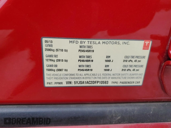 2013 Tesla Model S with VIN 5YJSA1AC2DFP10593, listed as a Copart auction lot 55055115 with Not Provided miles and Clean Title. Bid and sale history available at DreamBid. Image 12.