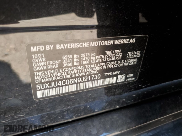 2022 BMW X5 M50i with VIN 5UXJU4C06N9J91730, listed as a Copart auction lot 58045612 with 0 mi miles. Bid and sale history available at carsss.com. Image 10.