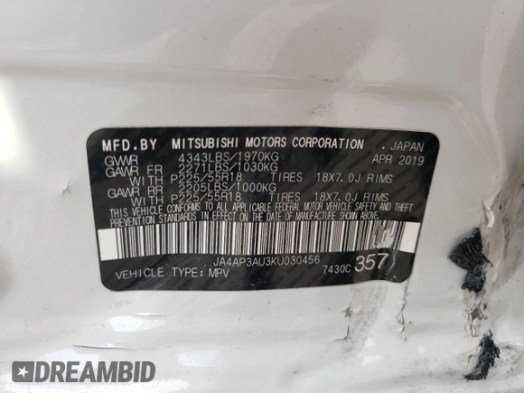 2019 Mitsubishi Outlander Sport ES 2.0 with VIN JA4AP3AU3KU030456, listed as a Copart auction lot 62845402 with 38,161 mi miles. Bid and sale history available at carsss.com. Image 10.