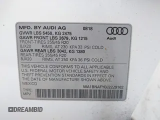 2018 Audi Q5 Premium Plus with VIN WA1BNAFY0J2229162, listed as a IAAI auction lot 41999424 with 36,340 mi miles. Bid and sale history available at carsss.com. Image 9.