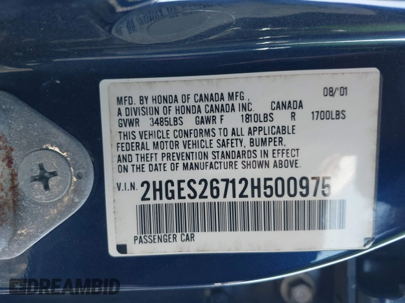 2002 Honda Civic EX with VIN 2HGES26712H500975, listed as a IAAI auction lot 42082728 with 172,407 mi miles and . Bid and sale history available at DreamBid. Image 9.